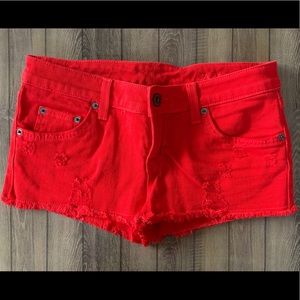 Red denim shorts